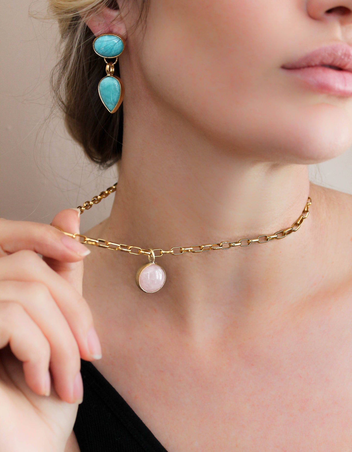 Rose Quartz Necklace : Paperclip chain