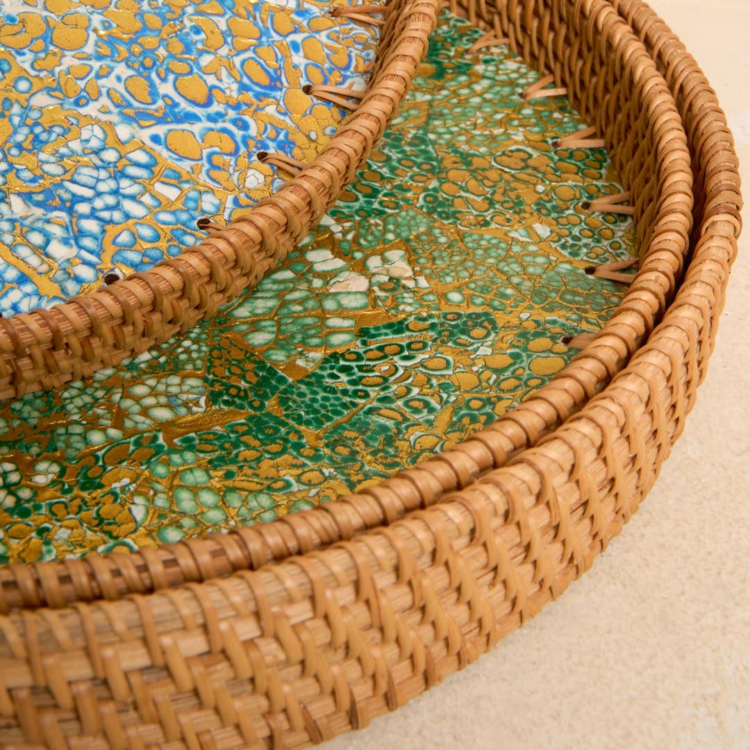 Dynamic Eggshell Lacquer Tray with Rattan Rim: Small