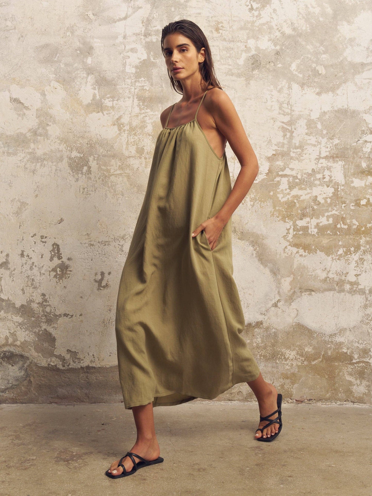 Bliss Flow Maxi Dress - Khaki Green: Khaki Green / M-L