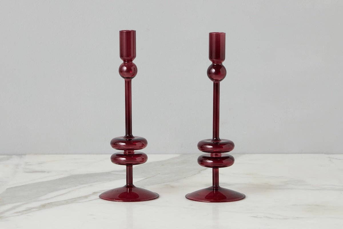 Glass Candlestick, Medium, Merlot Red