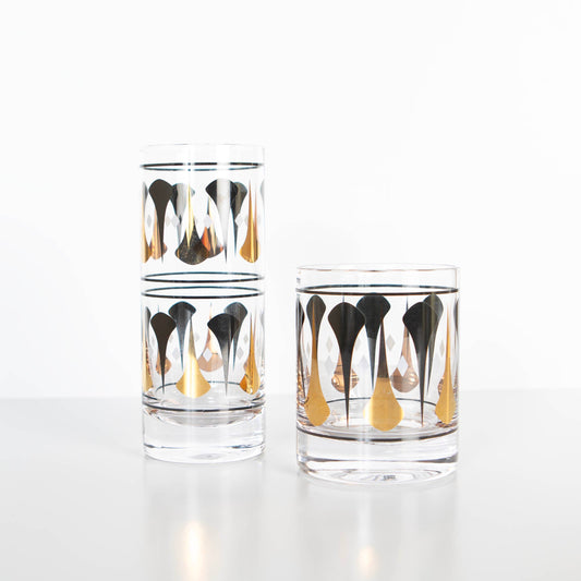 Black and Gold Mid Century Whiskey Rocks Cocktail Pair of 2 Glasses