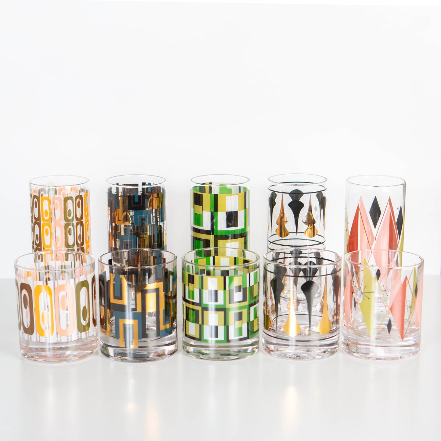 Black and Gold Mid Century Whiskey Rocks Cocktail Pair of 2 Glasses