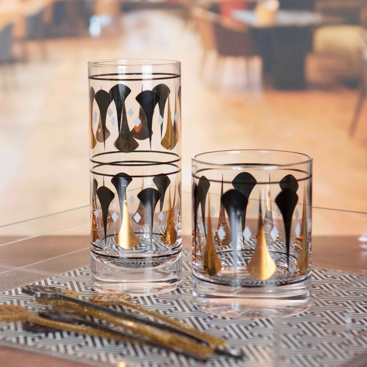 Black and Gold Mid Century Whiskey Rocks Cocktail Pair of 2 Glasses