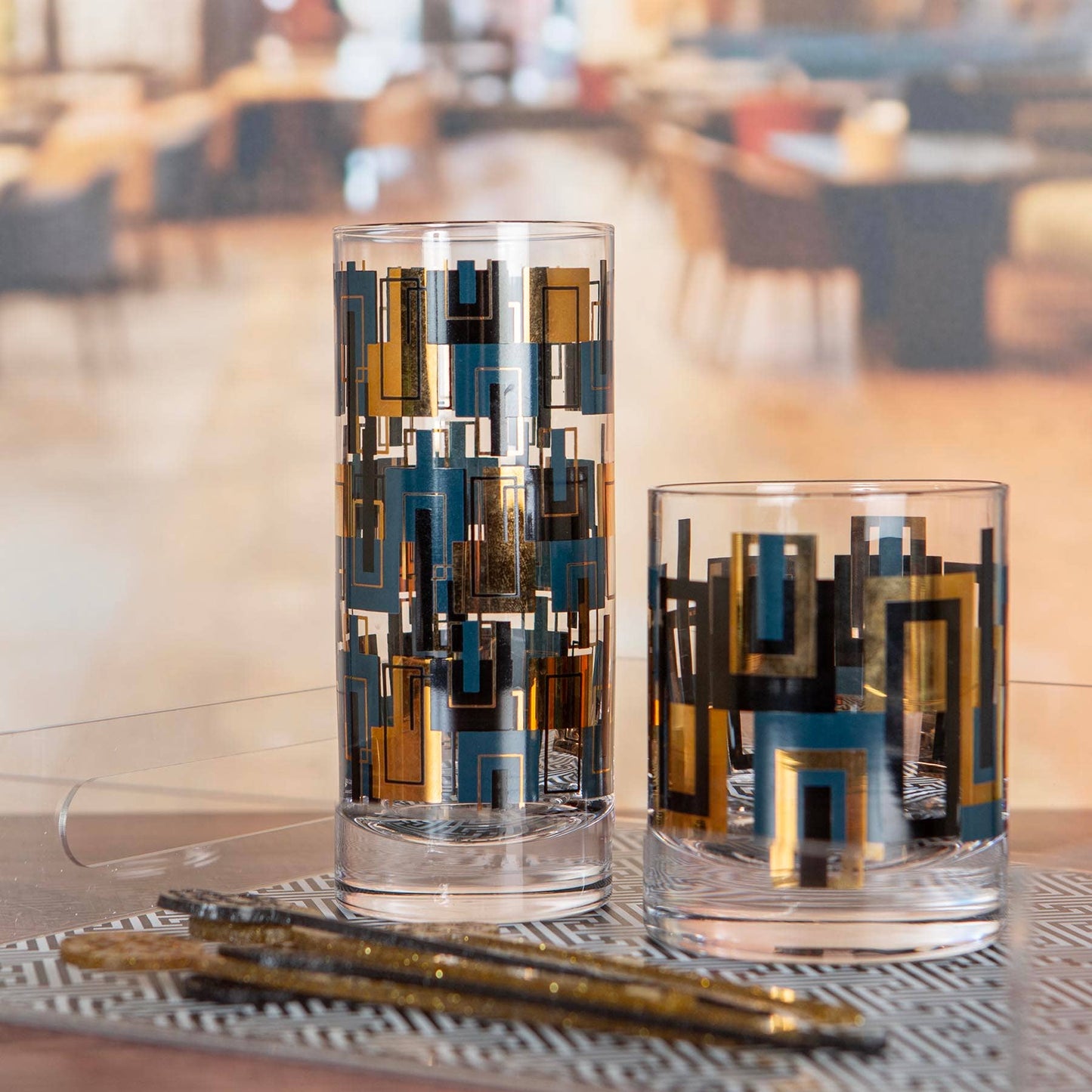 Blue and Gold Mid Century Highball Vintage Cocktail Glass - Set of 2