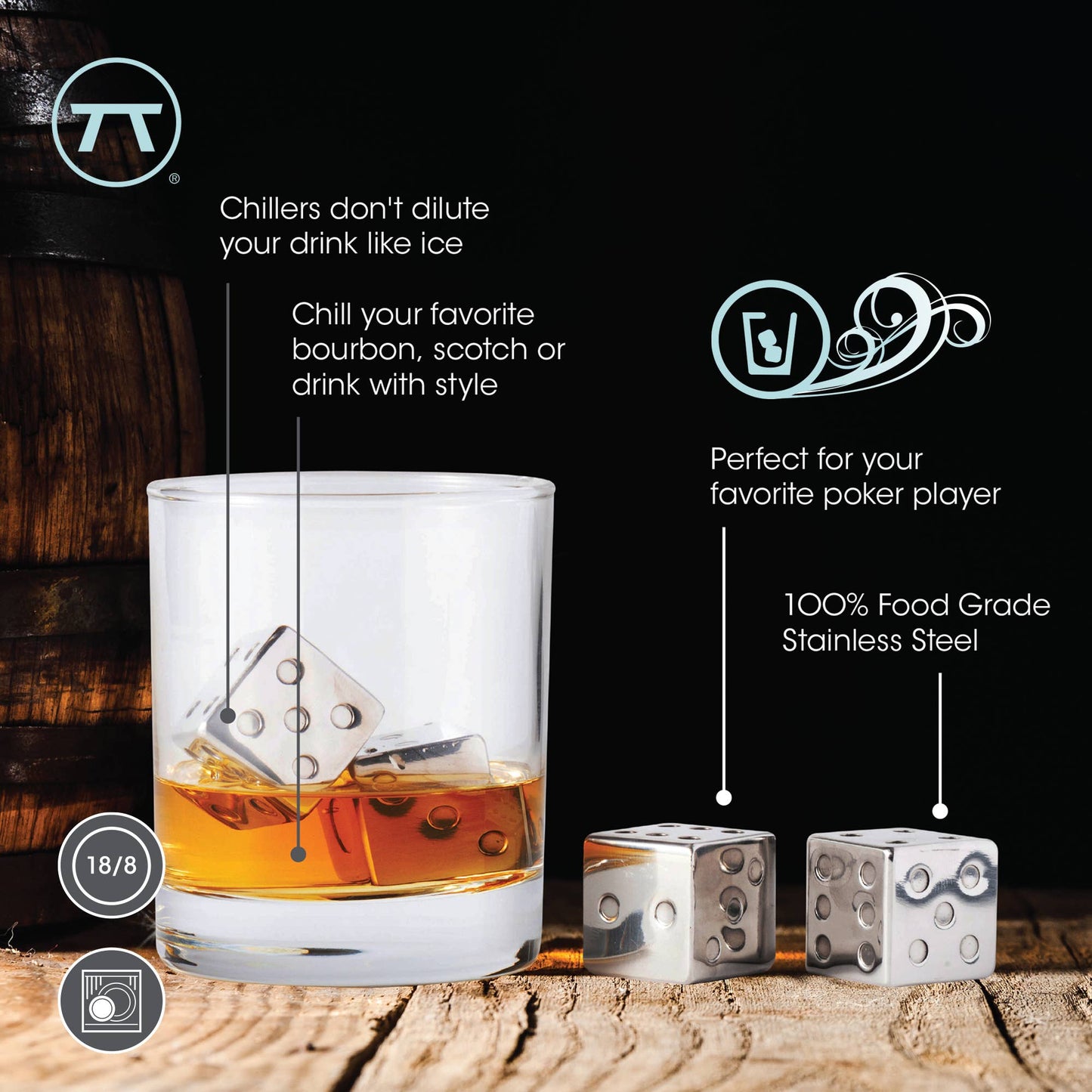 Outset Stainless Steel Dice Whiskey Stones, Set 4, 1.06”