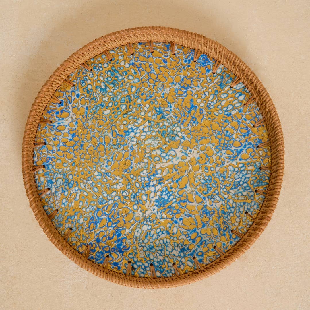 Dynamic Eggshell Lacquer Tray with Rattan Rim: Small