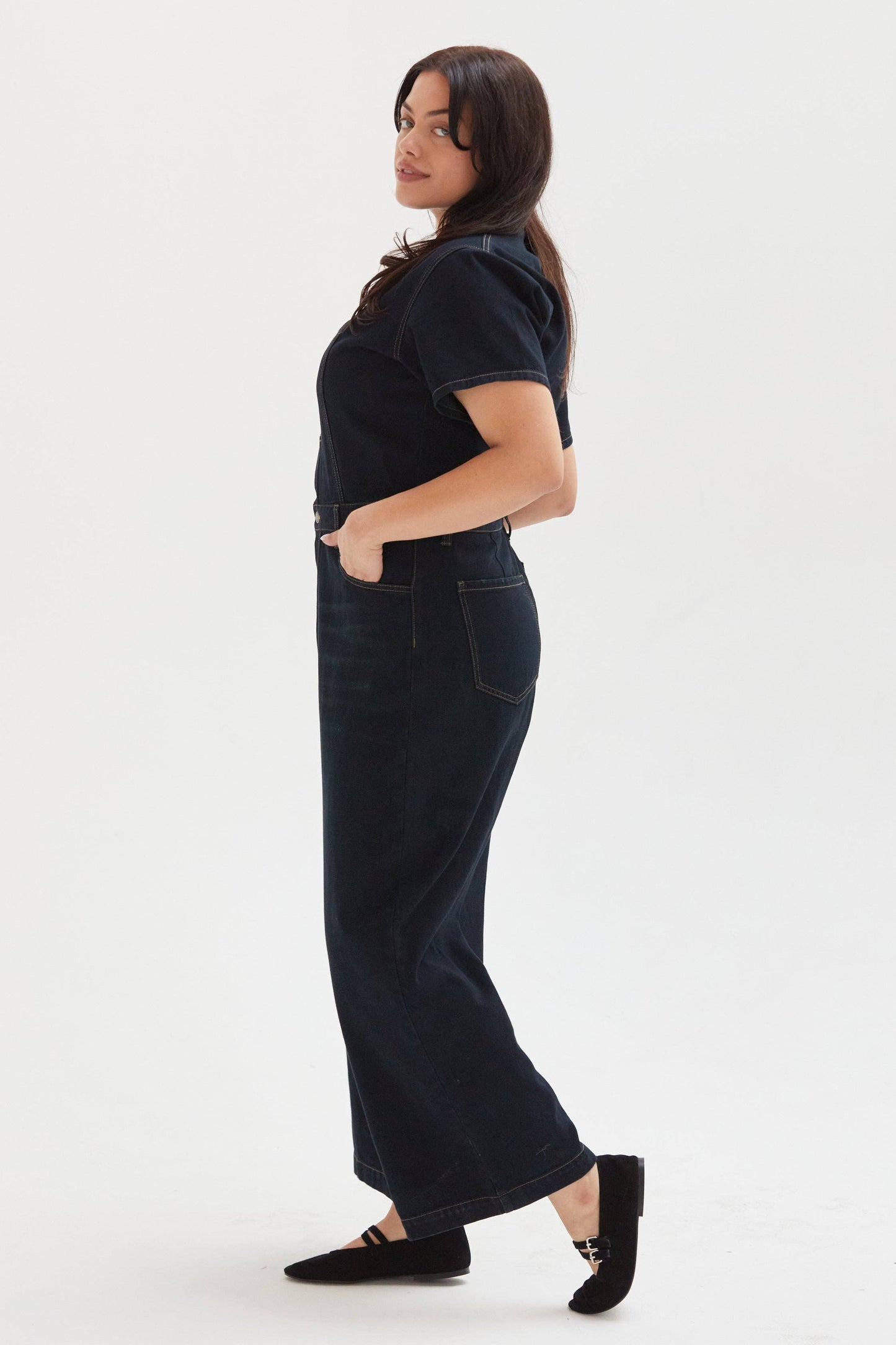 Ashby Short Sleeve Denim Coverall/Jumpsuit, Faded Black: Large
