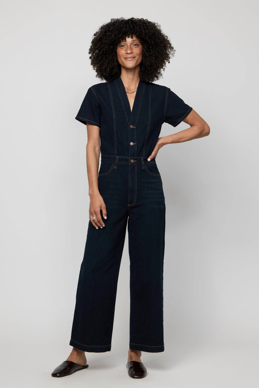 Ashby Short Sleeve Denim Coverall/Jumpsuit, Faded Black: Large