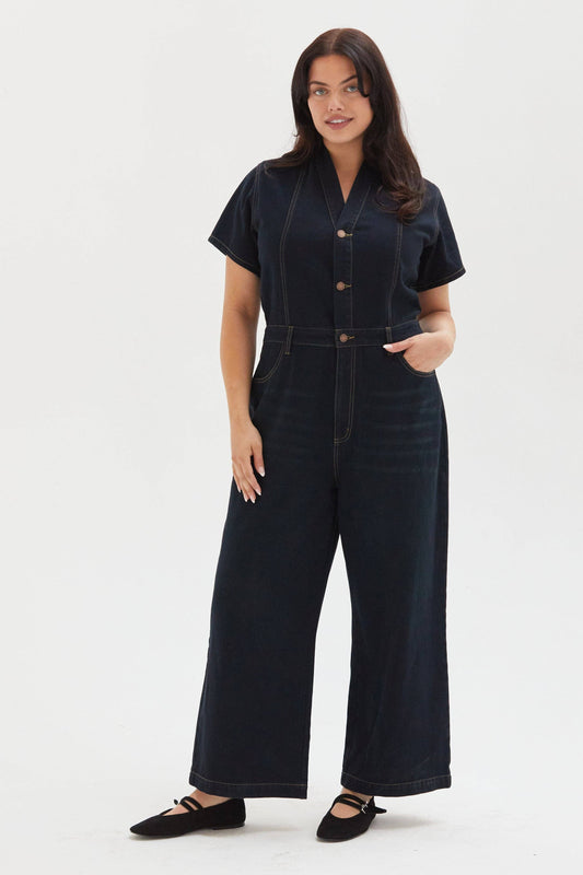 Ashby Short Sleeve Denim Coverall/Jumpsuit, Faded Black: Large