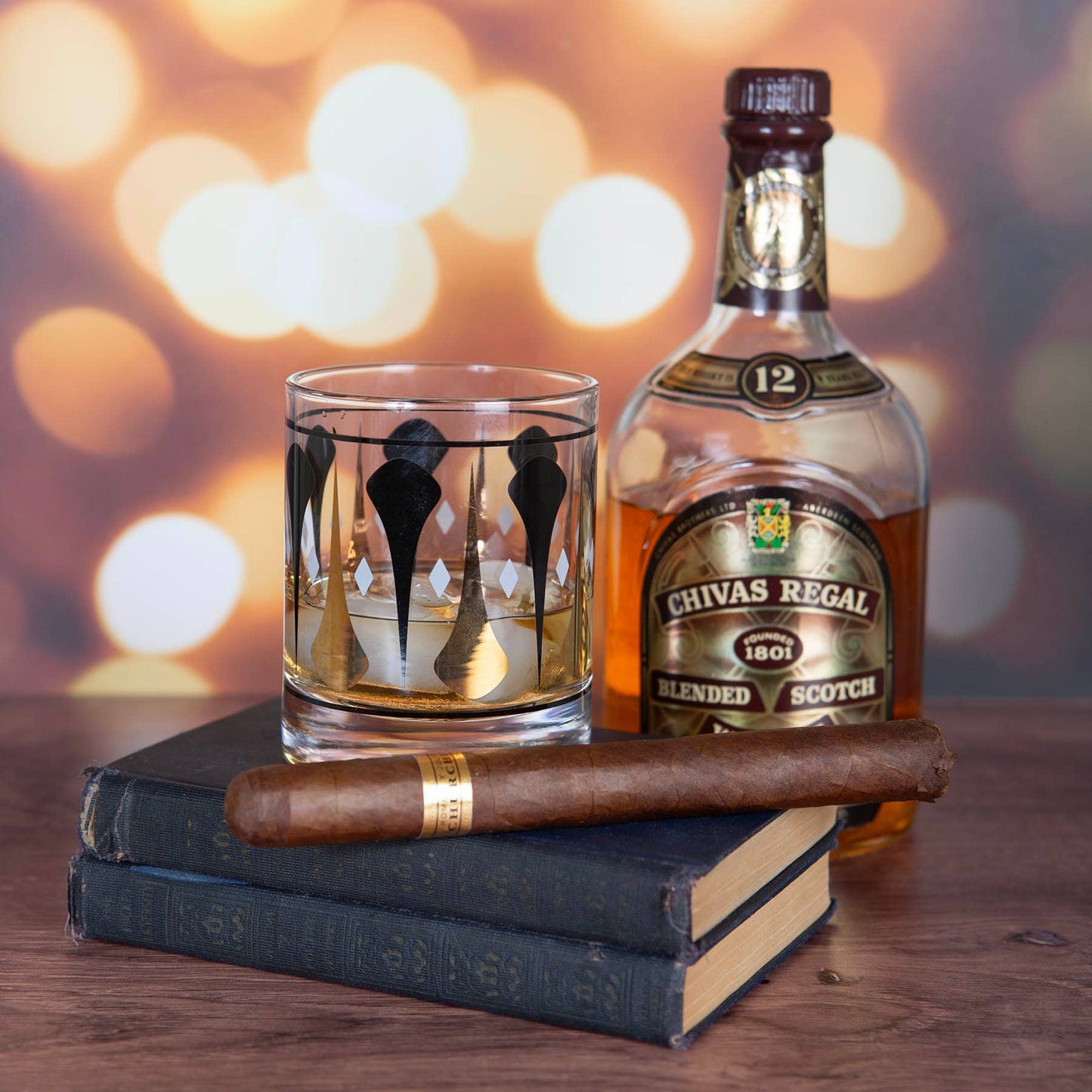 Black and Gold Mid Century Whiskey Rocks Cocktail Pair of 2 Glasses