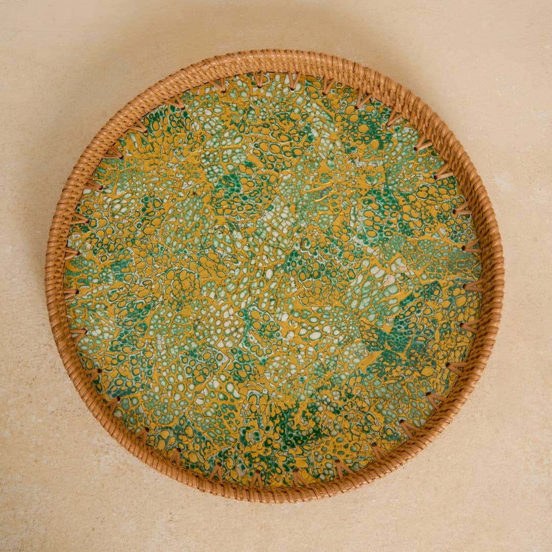 Dynamic Eggshell Lacquer Tray with Rattan Rim: Small