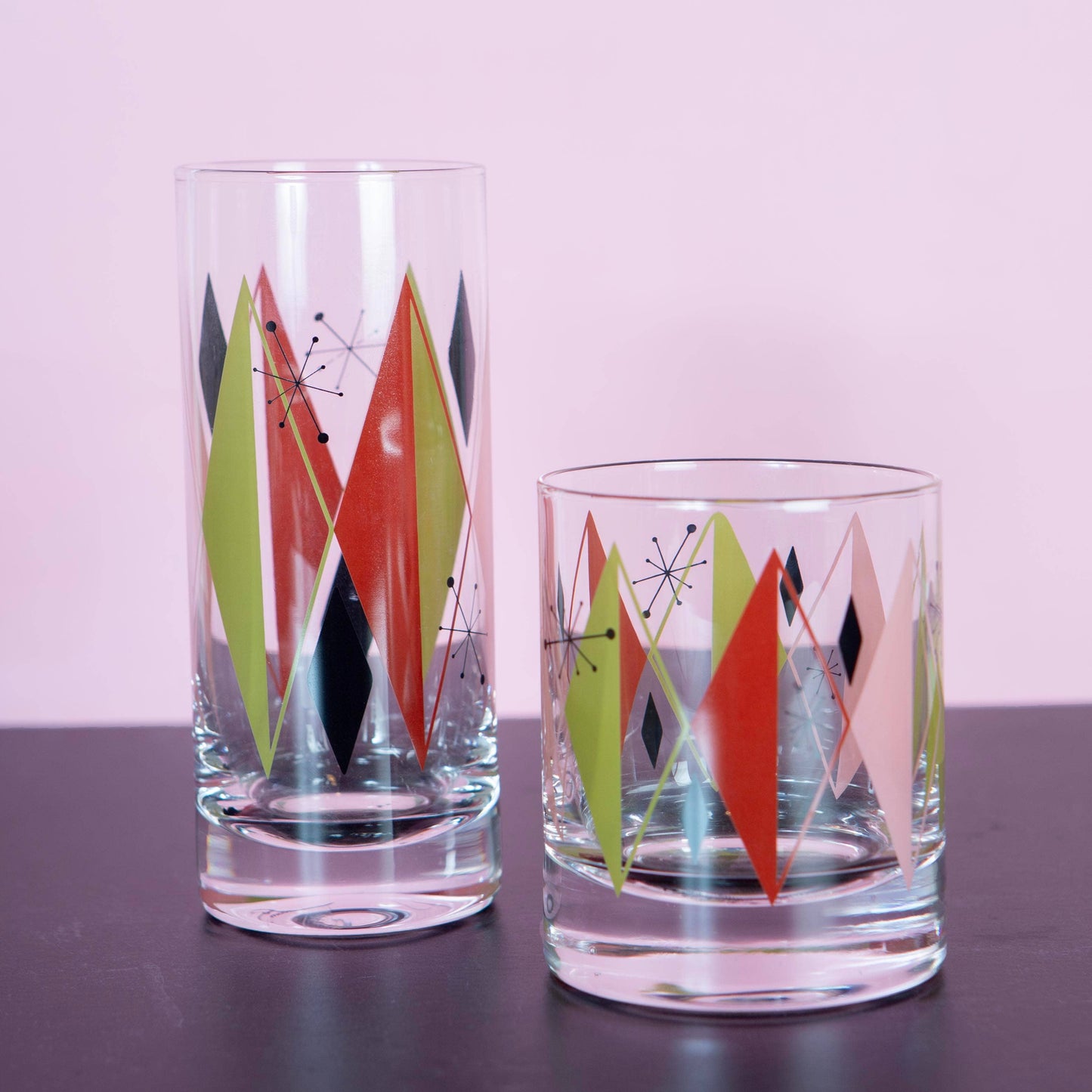 Retro Diamonds Vintage Inspired Highball Tall Pair of Cocktail Glasses