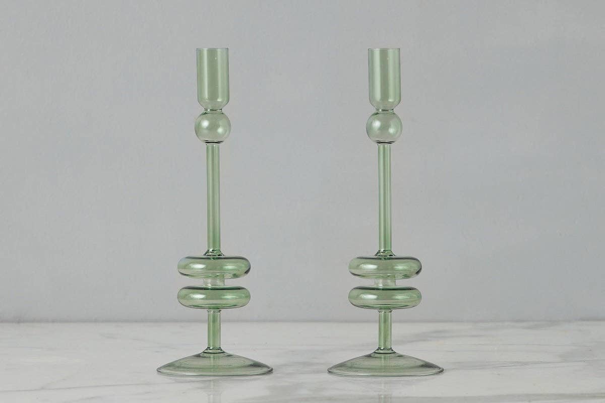 Glass Candlestick, Medium, Sage