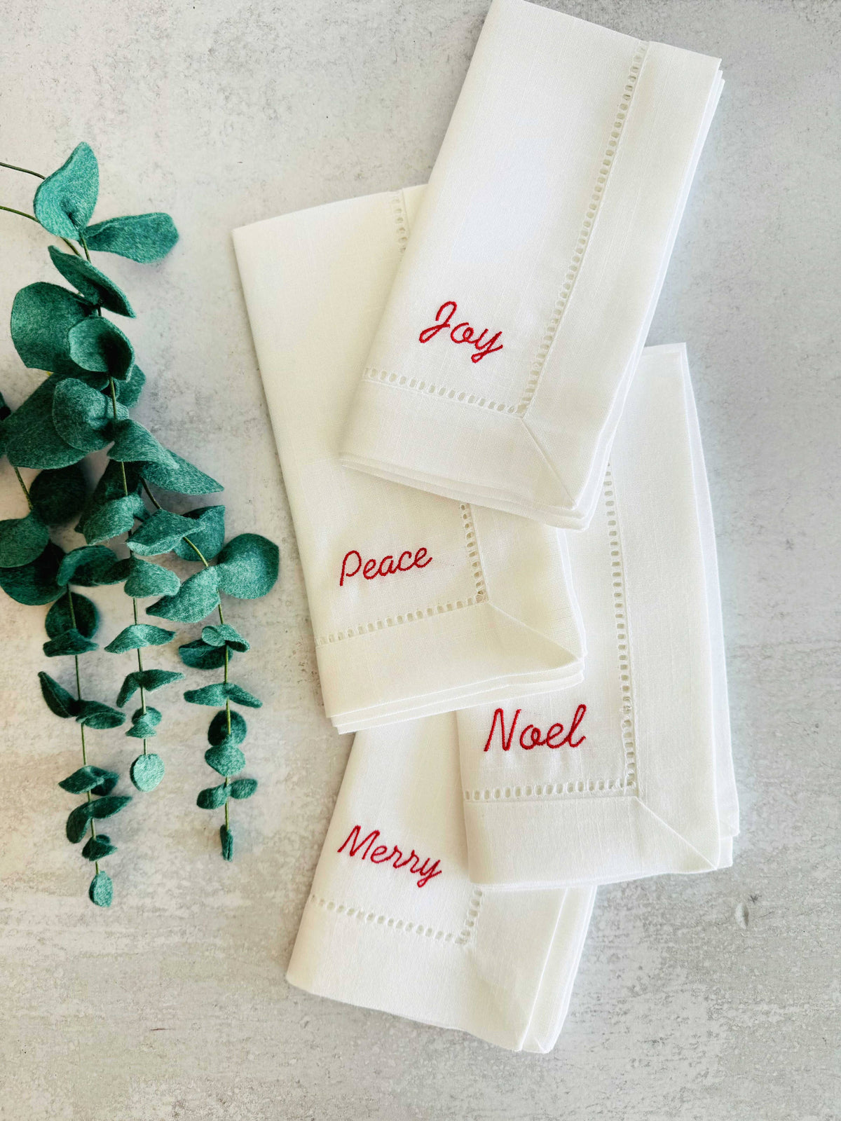 Holiday Words Hemstitch Cloth Napkins, set of four: Green