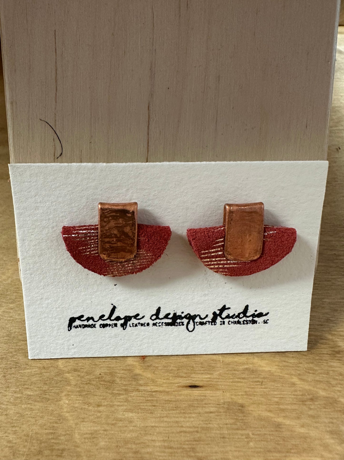 Red and Copper Halfmoon Leather Earrings