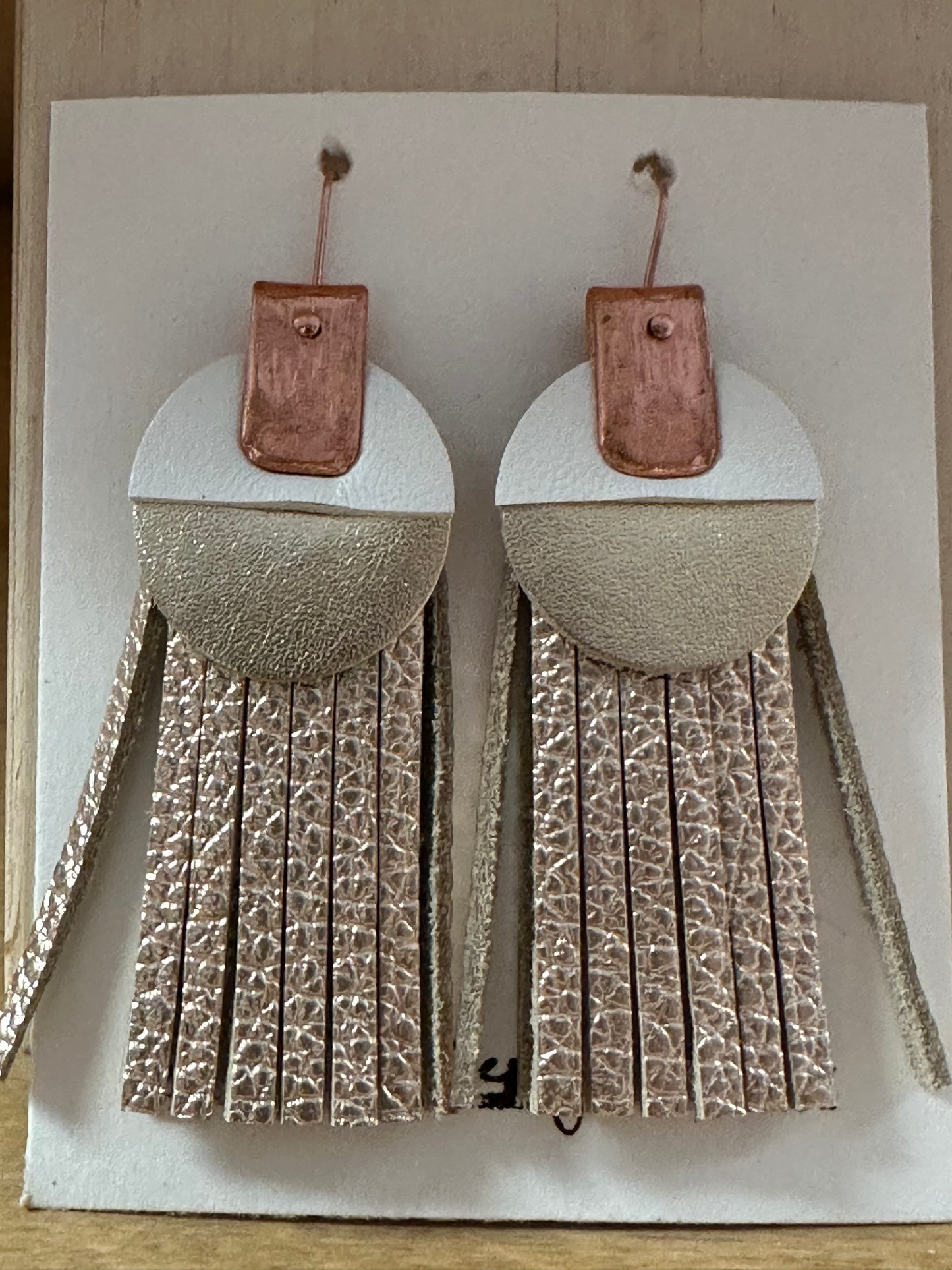 Gold and White Leather Fringe Earrings