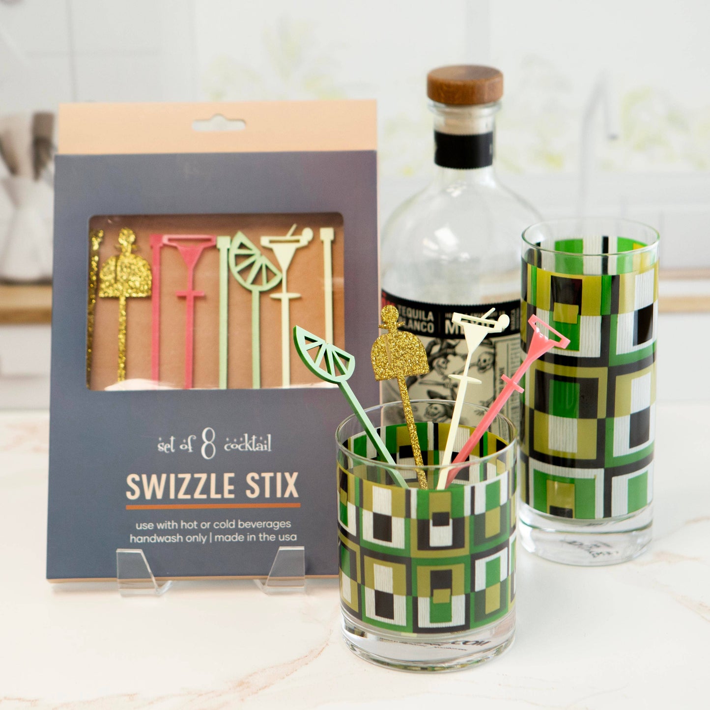 Green Square Vintage Inspired Highball Cocktail Glass Pair of 2