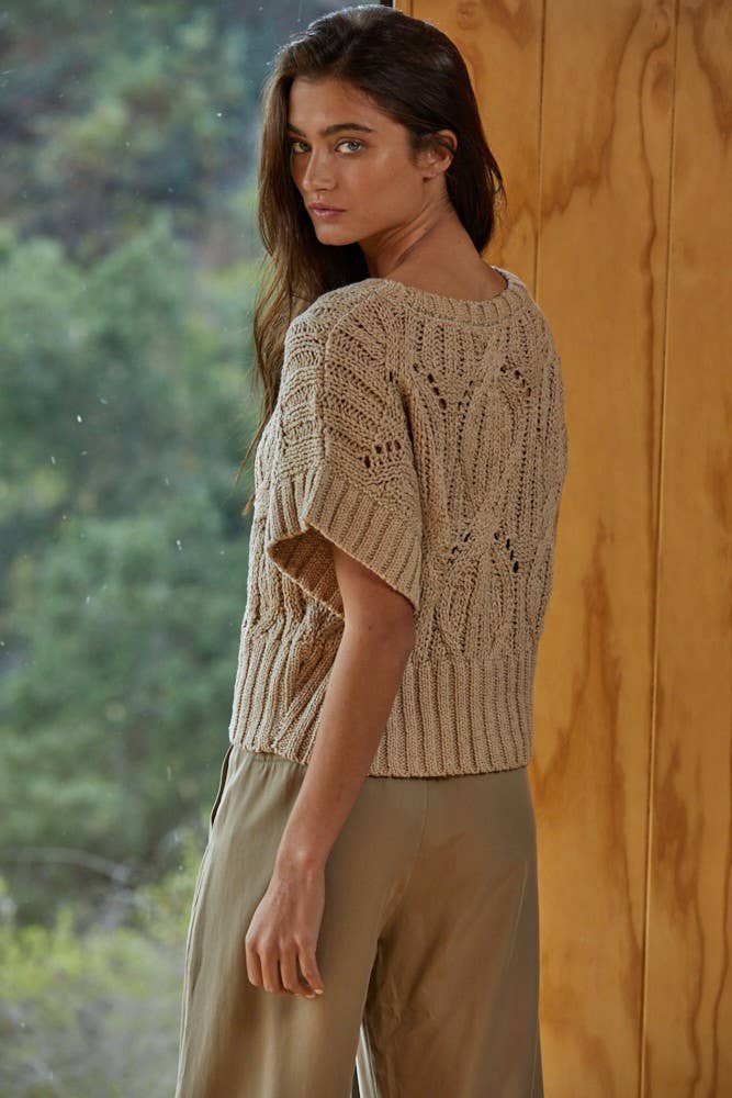 W1124 | Knit Sweater Crochet Round Neck Short Sleeve Top: Cream / Medium