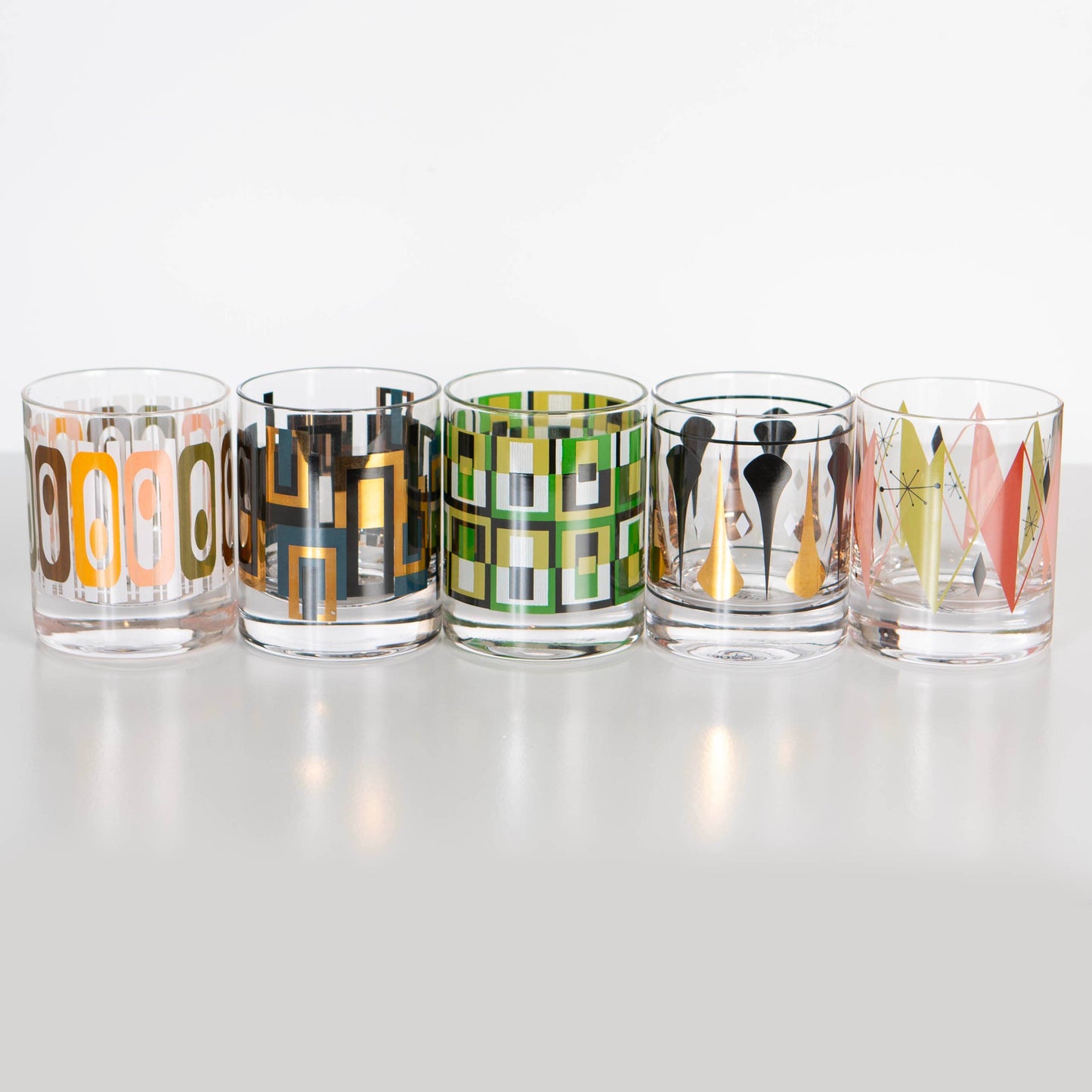 Black and Gold Mid Century Whiskey Rocks Cocktail Pair of 2 Glasses