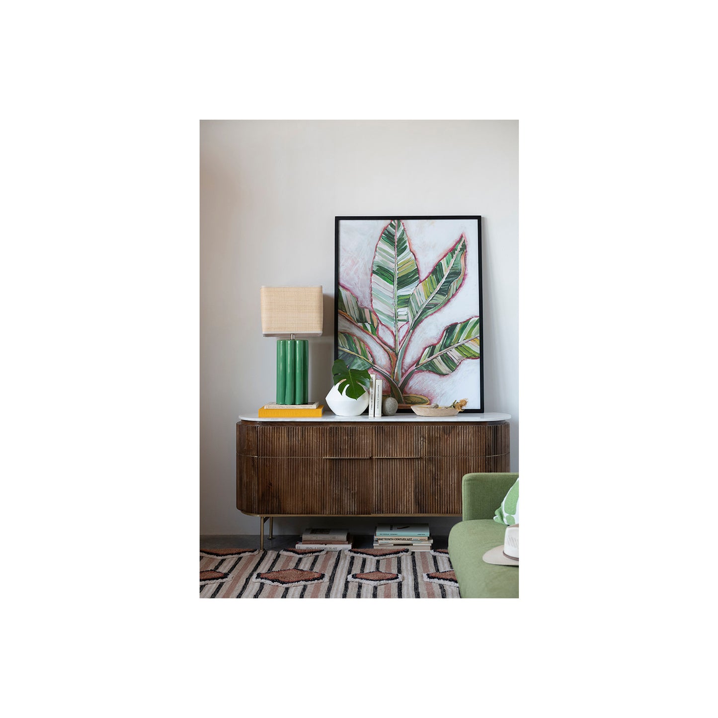 Green Fluted Table Lamp with Raffia Shade