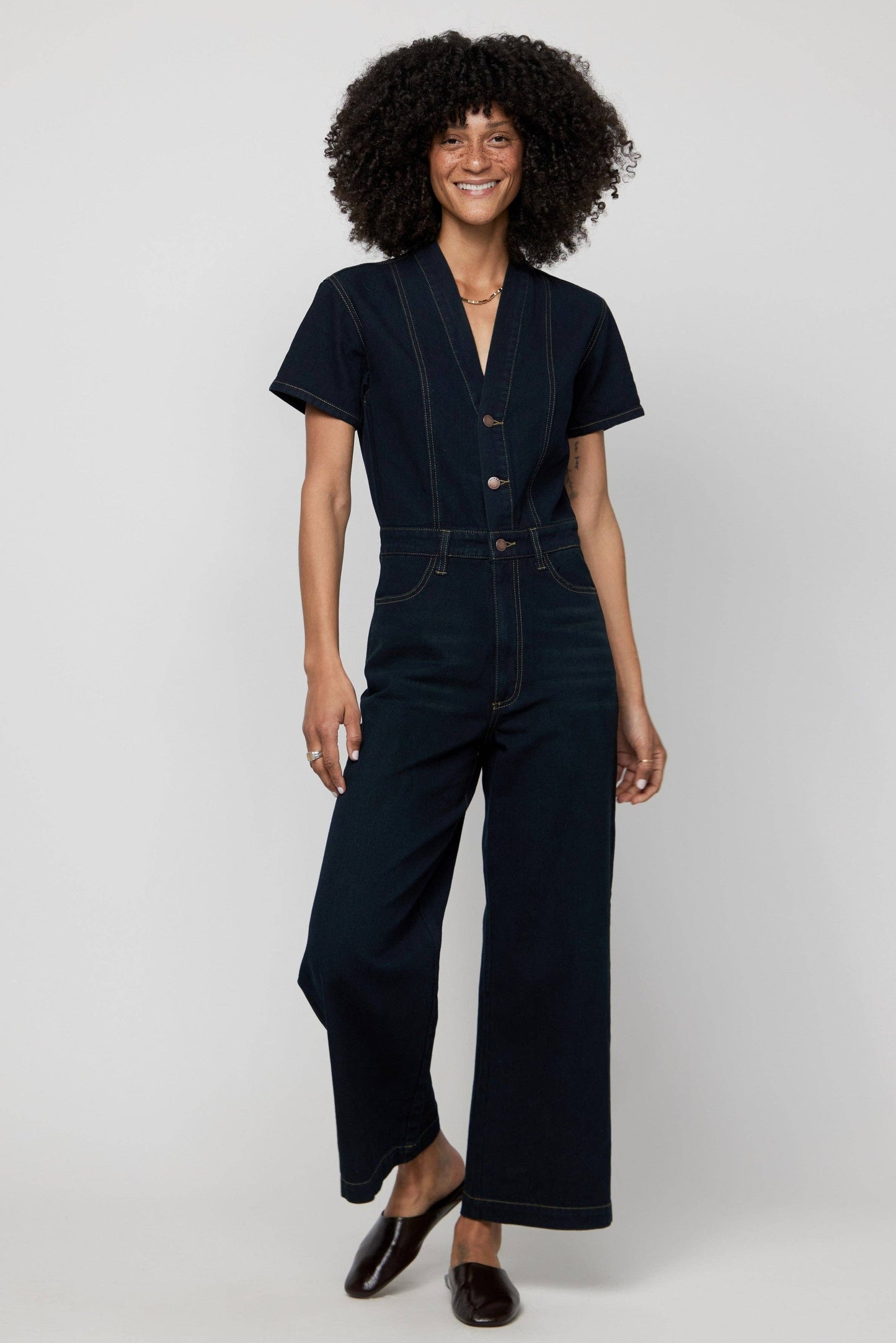 Ashby Short Sleeve Denim Coverall/Jumpsuit, Faded Black: Large