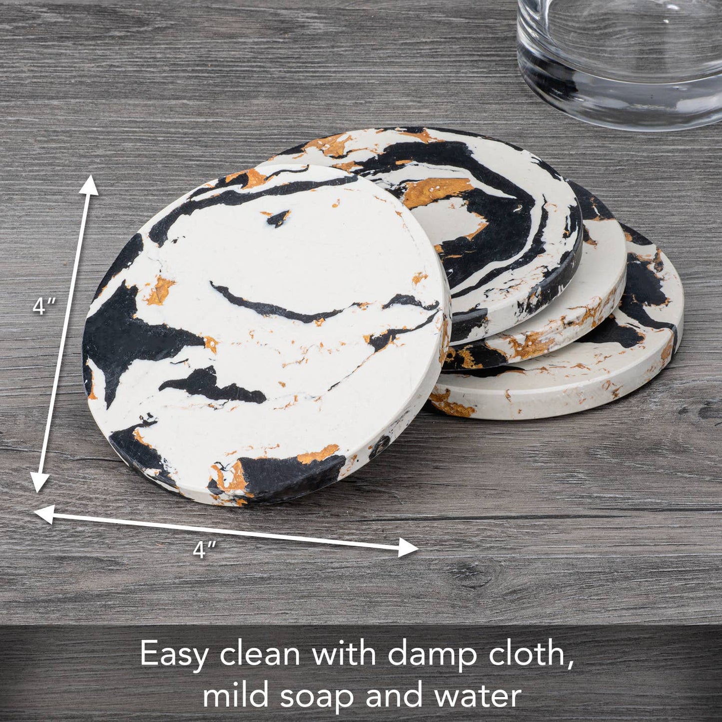 Thirstystone Black, Gold, & White Round Resin Coasters 4.75" w/Acacia Wood Holder