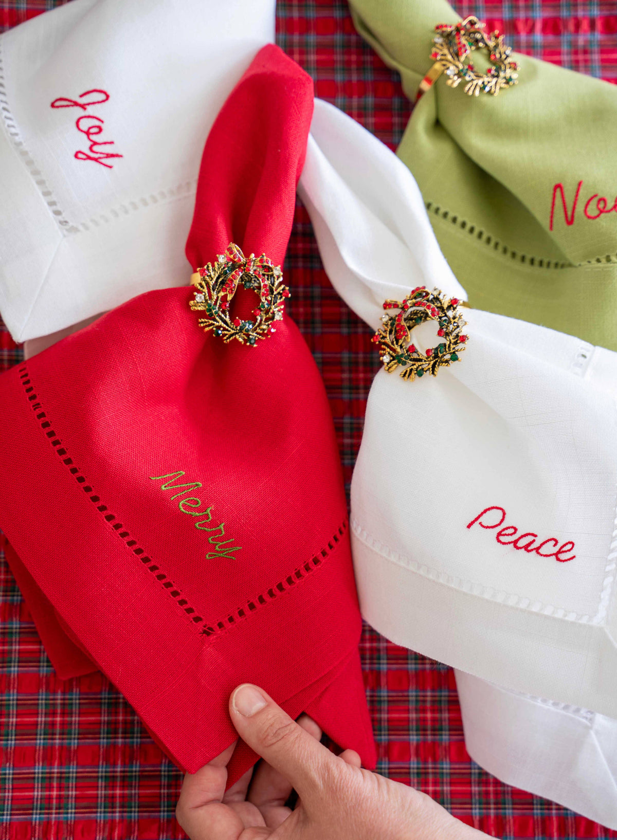 Holiday Words Hemstitch Cloth Napkins, set of four: White