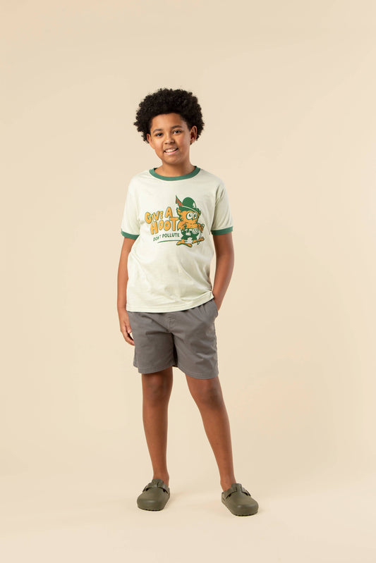 Give A Hoot, Don't Pollute Large Youth Short Sleeve Ringer Tee