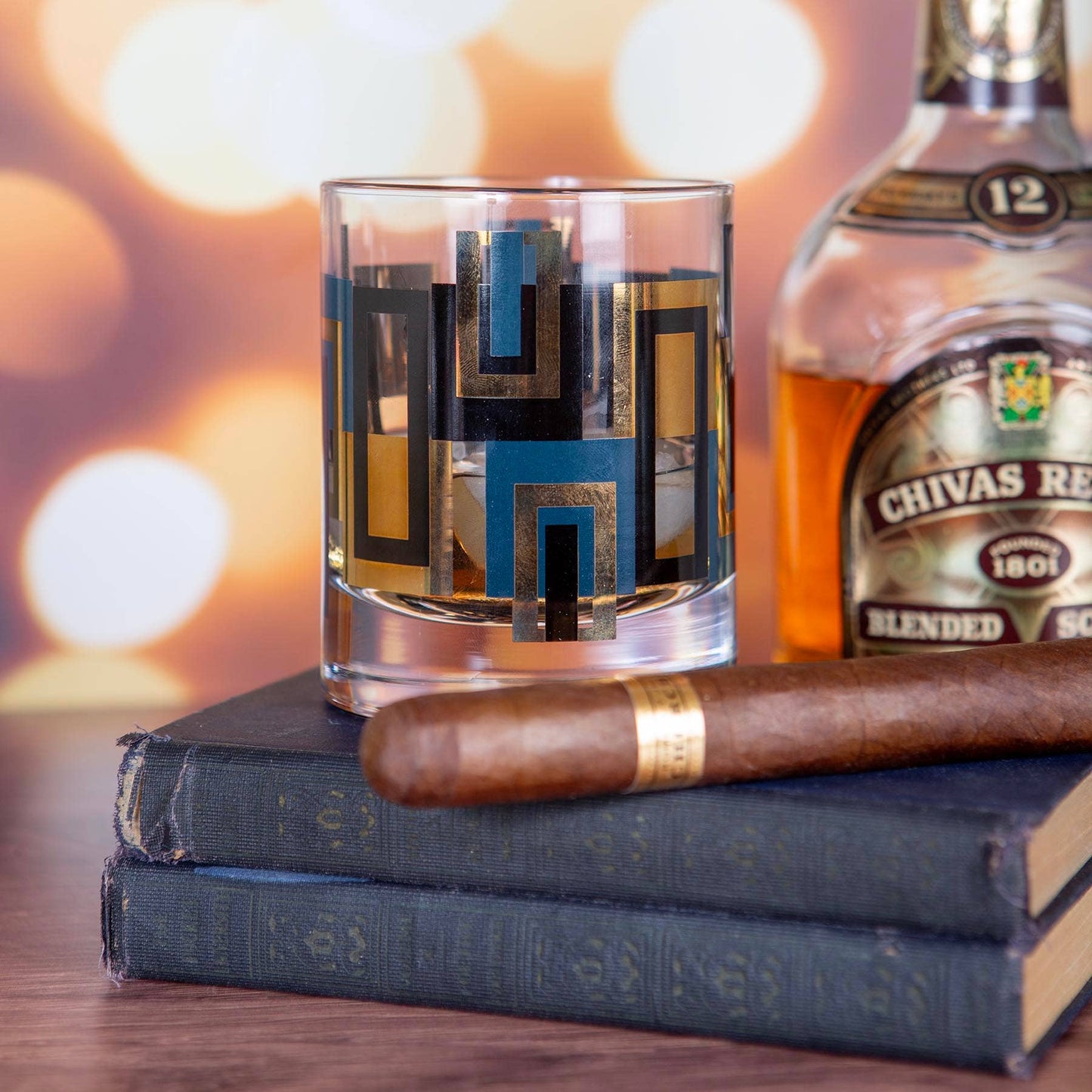 Blue and Gold Foil Vintage Whiskey Rocks Cocktail Glasses (Set of 2)