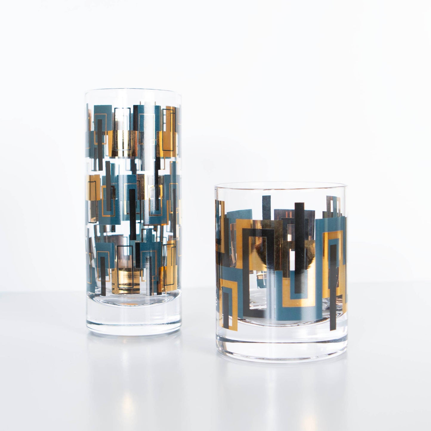 Blue and Gold Foil Vintage Whiskey Rocks Cocktail Glasses (Set of 2)