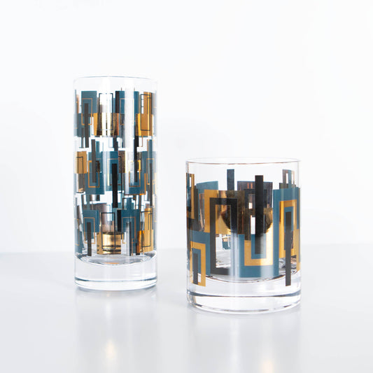 Blue and Gold Mid Century Highball Vintage Cocktail Glass - Set of 2