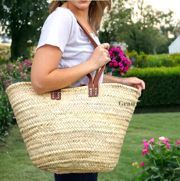Straw Bag with Leather Handles - French Market Basket: Brown