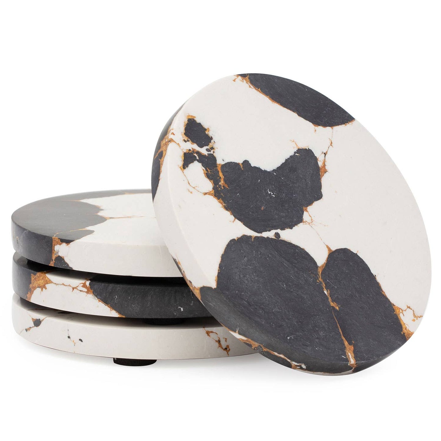 Thirstystone Black, Gold, & White Round Resin Coasters 4.75" w/Acacia Wood Holder
