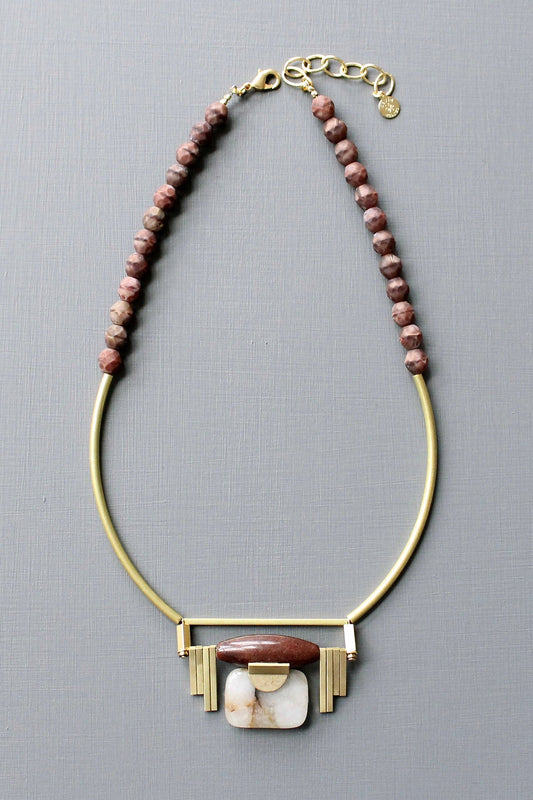 JLT218 burgundy and jasper Artdeco pendant necklace