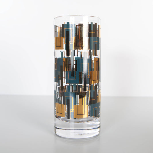 Blue and Gold Mid Century Highball Vintage Cocktail Glass - Set of 2