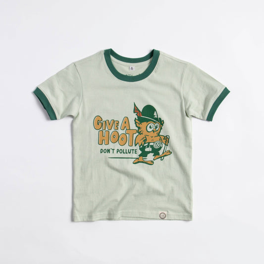 Give A Hoot, Don't Pollute Large Youth Short Sleeve Ringer Tee