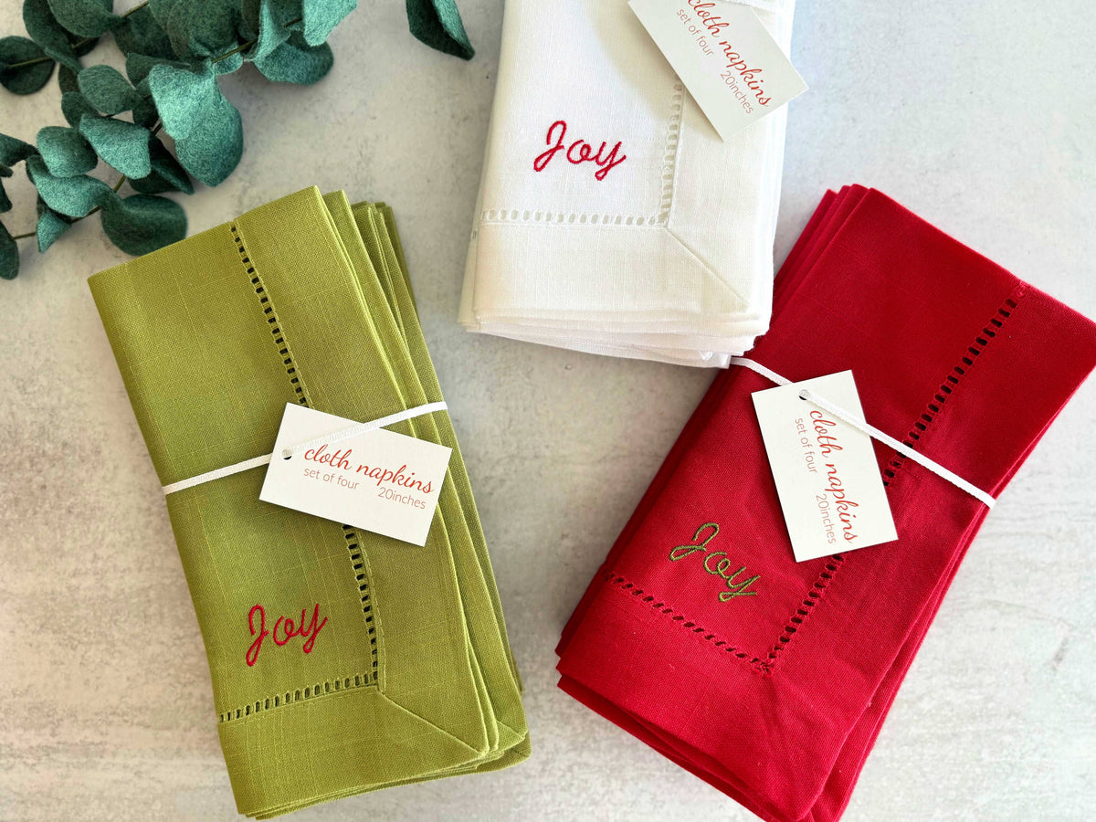 Holiday Words Hemstitch Cloth Napkins, set of four: White