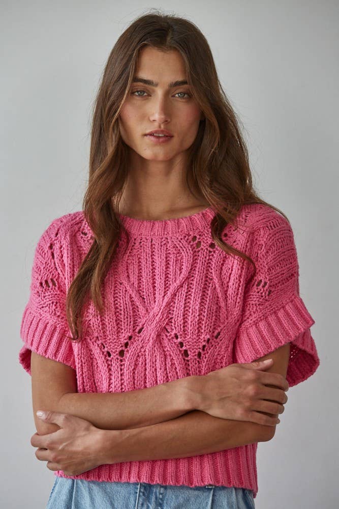 W1124 | Knit Sweater Crochet Round Neck Short Sleeve Top: Cream / Small