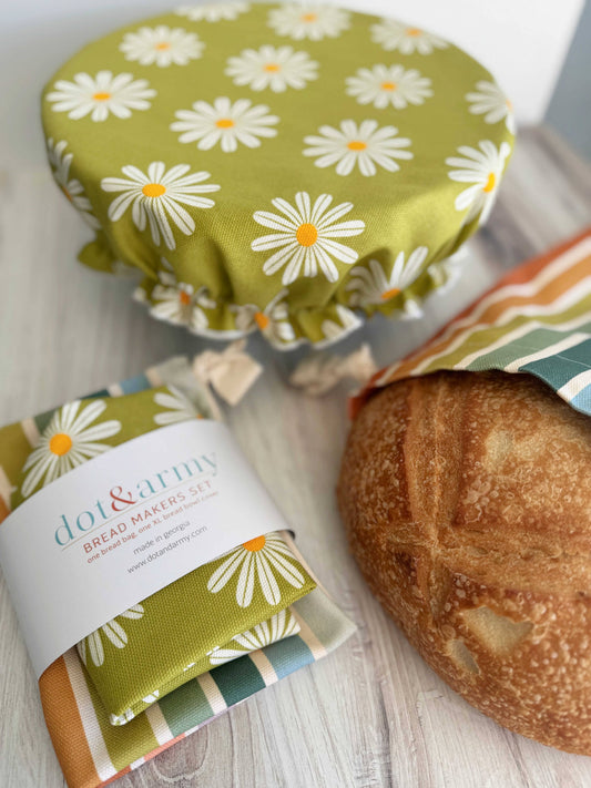 Bread Makers Set- Bowl Cover and Bread Bag- Daisy and Stripe