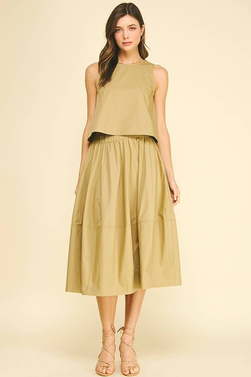 PLEATED POPLIN MIDI SKIRT - 6575S: KHAKI / M