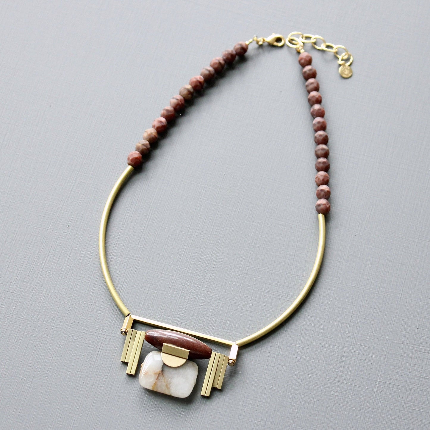 JLT218 burgundy and jasper Artdeco pendant necklace