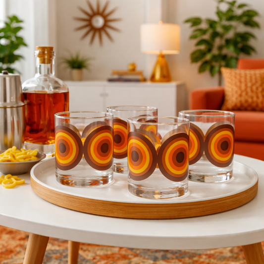 Orange and Brown 70's Retro Circle Whiskey Cocktail Glass - Set of 2