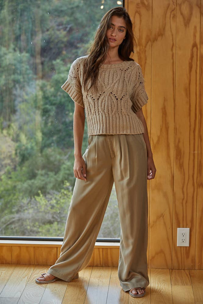 W1124 | Knit Sweater Crochet Round Neck Short Sleeve Top: Cream / Medium