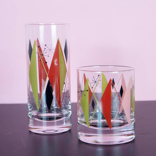 Retro Diamonds Vintage Inspired Highball Tall Pair of Cocktail Glasses