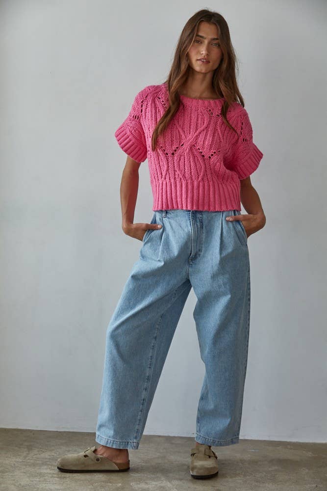 W1124 | Knit Sweater Crochet Round Neck Short Sleeve Top: Cream / Small