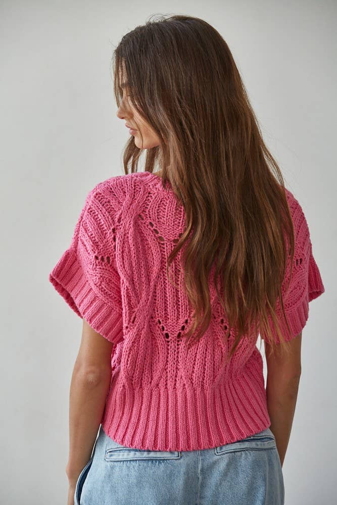 W1124 | Knit Sweater Crochet Round Neck Short Sleeve Top: Cream / Medium