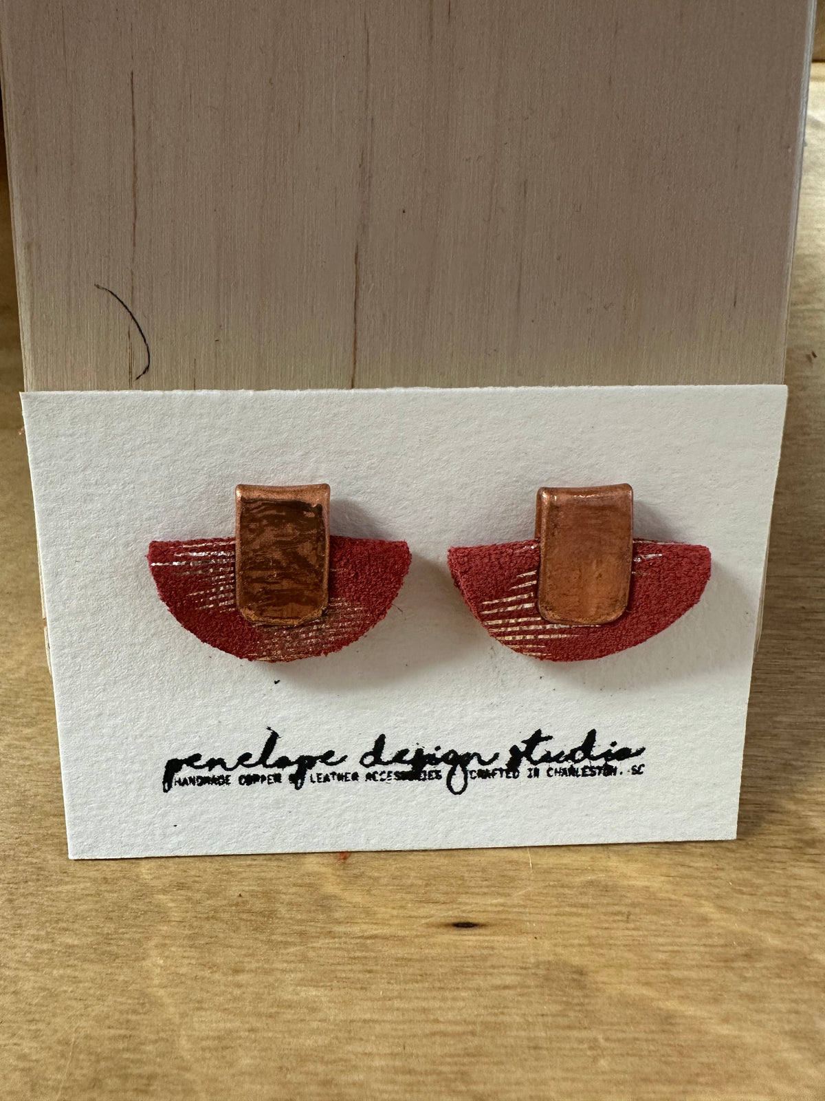 Red and Copper Halfmoon Leather Earrings