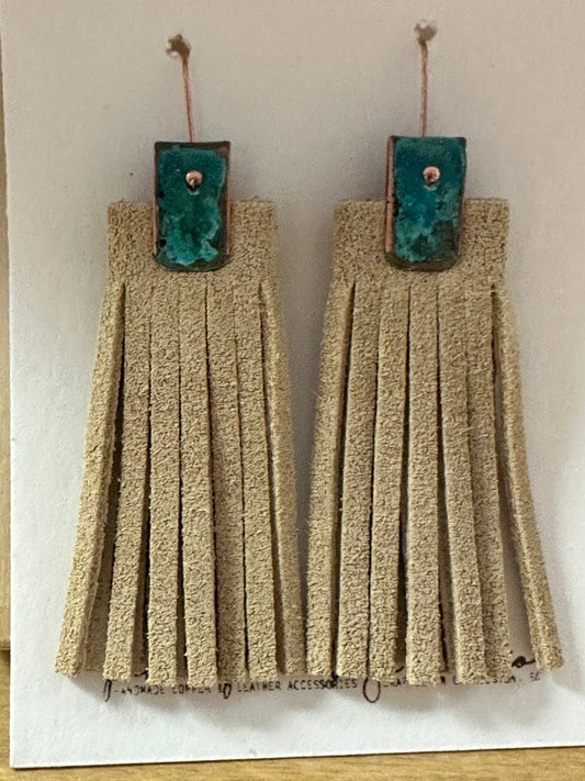 Natural Leather Fringe Earrings with Patina Copper