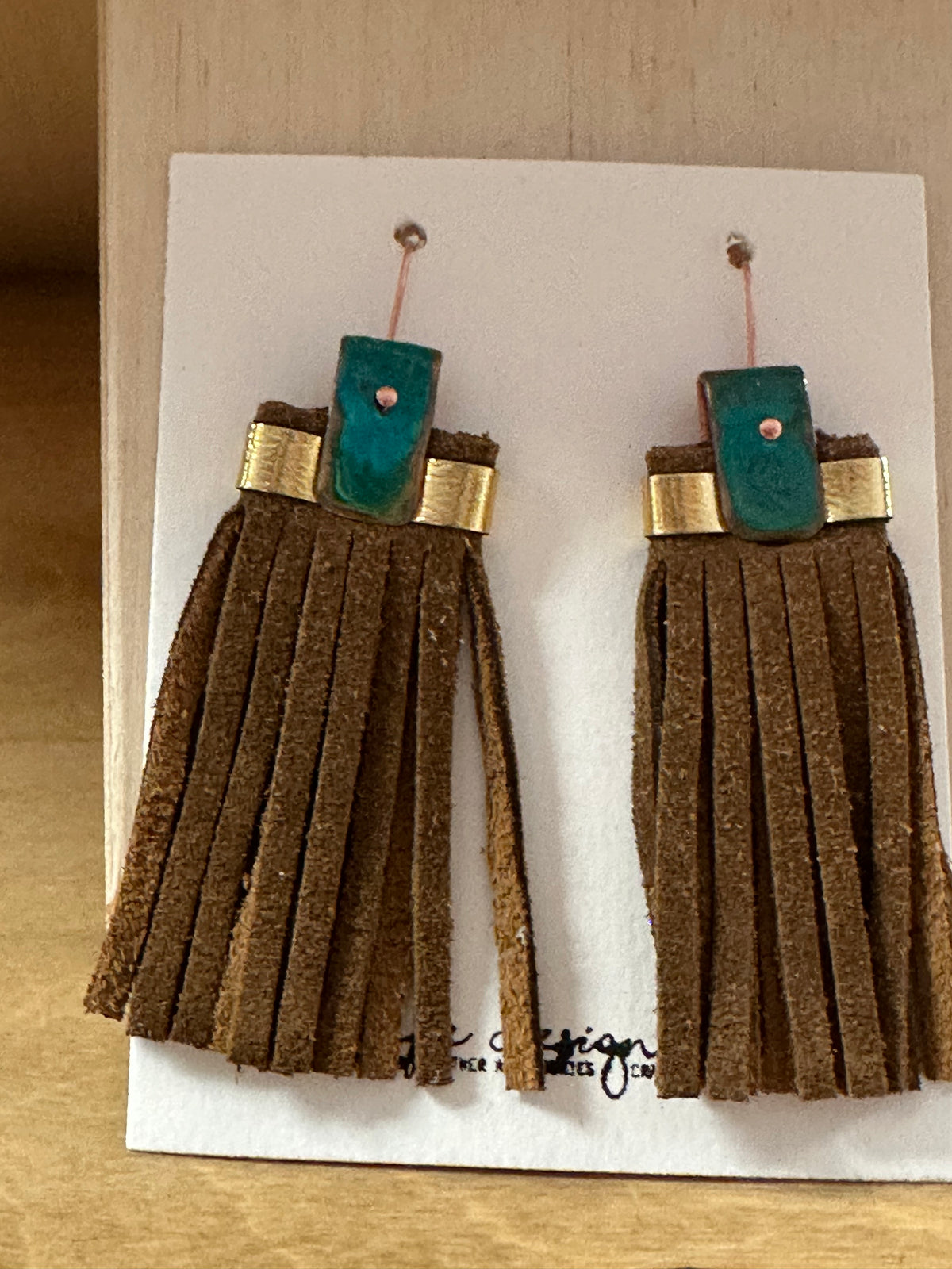 Brown Leather Fringe Earrings with Patina Copper