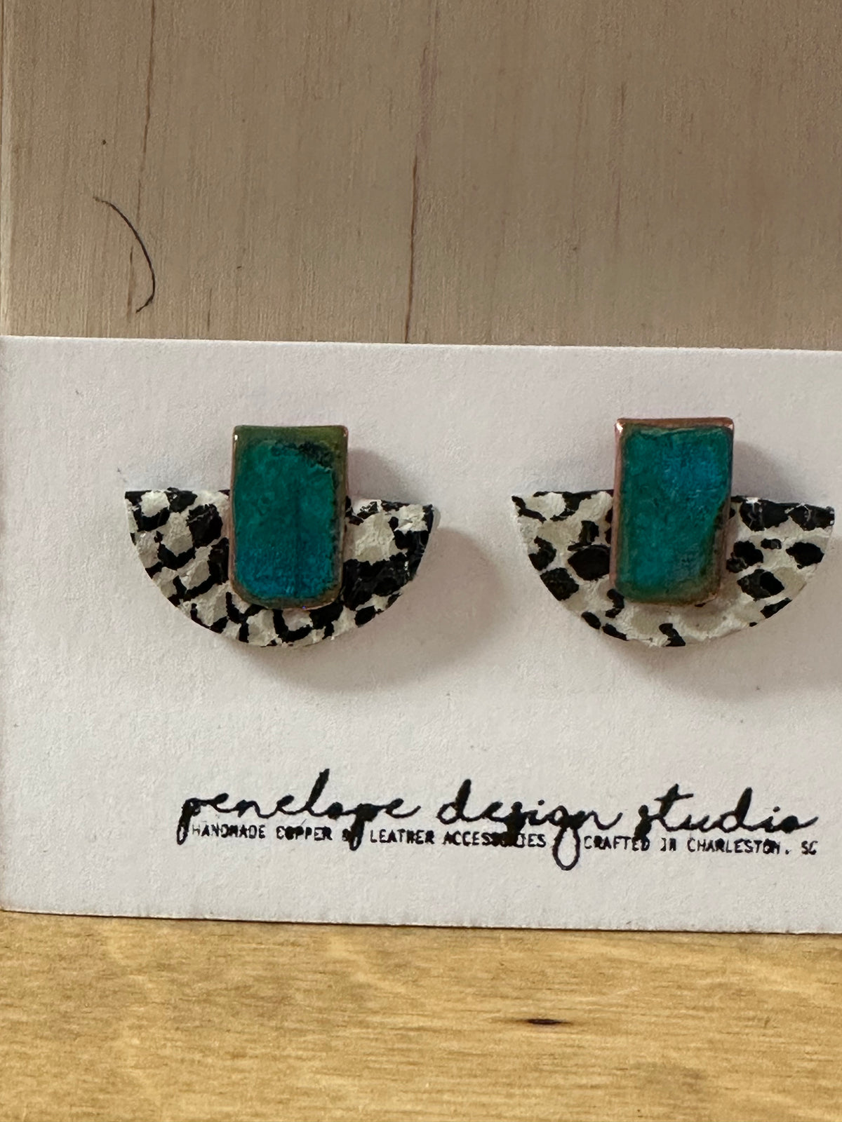 Black & White Leather Earrings w/Patina Copper